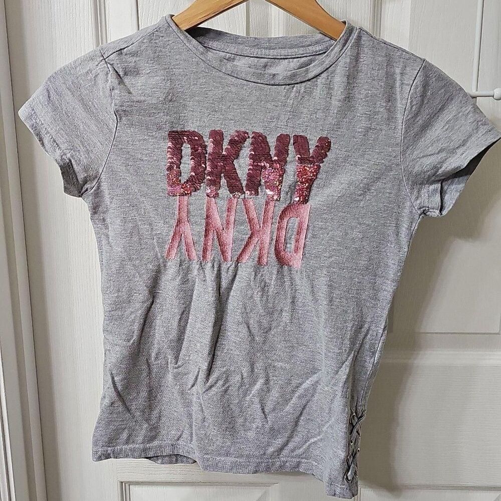 DKNY Girls Short Sleeve T-Shirt w Pink Sequin Logo- Lace-Up Detail Size L (12)